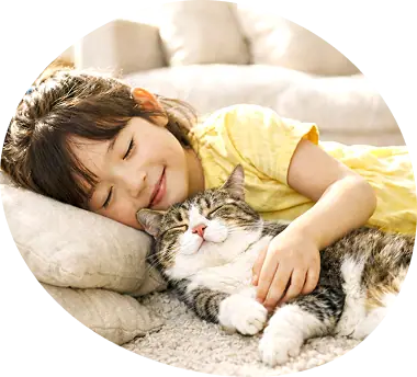 子どもと猫が寝てるいる様子